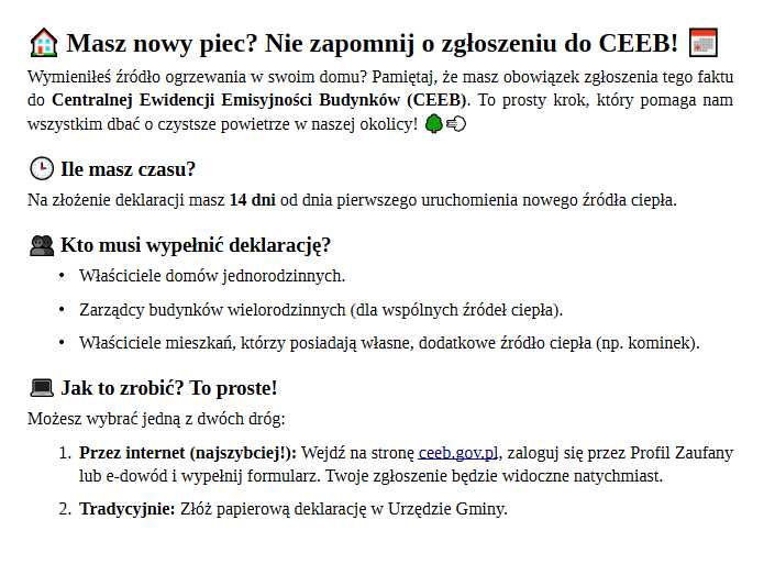 Masz nowy piec? Nie zapomnij o zgłoszeniu do CEEB