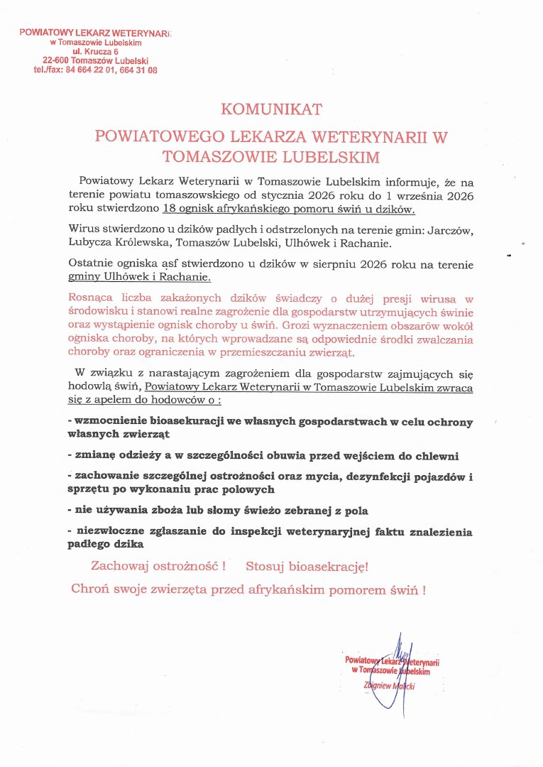 Komunikat Powiatowego Lekarza Weterynarii – zagrożenie ASF