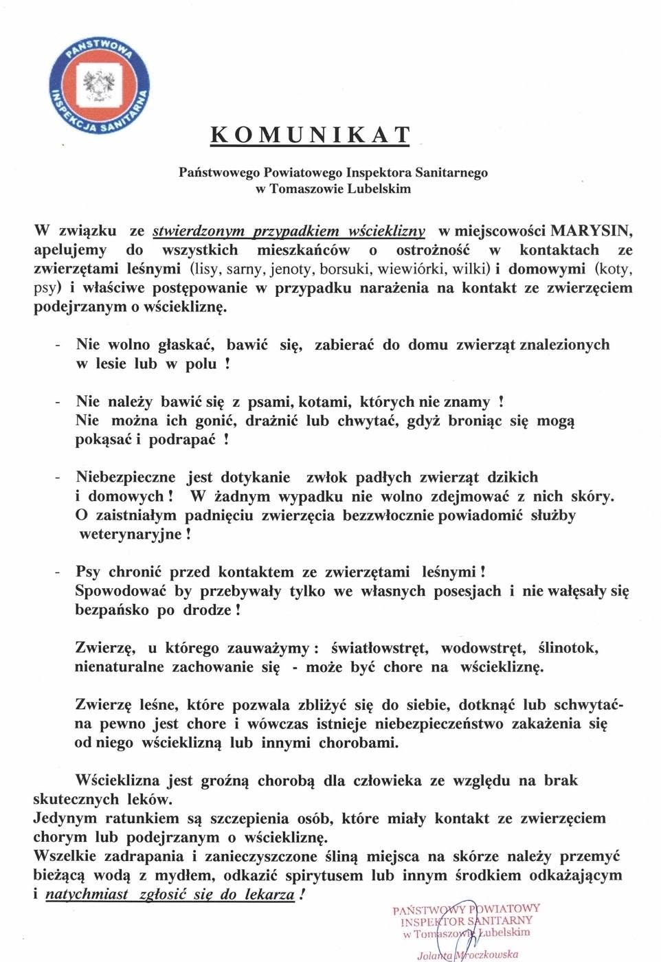 Wścieklizna w gminie Telatyn – komunikat dla mieszkańców